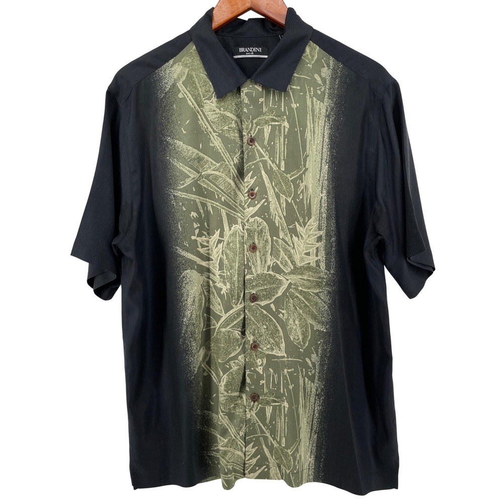 Brandini Silk Hawaiian Shirt Mens Medium Black Green Floral Aloha Camp Cigar‎